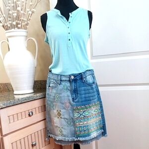 Hydraulic Blue Denim Mini Skirt with Colorful Embroidery